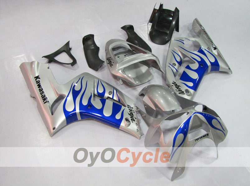 Injection Fairing kit for 03-04 NINJA ZX-6R - Blue, Silver - Flame #OYO87901797 Main image