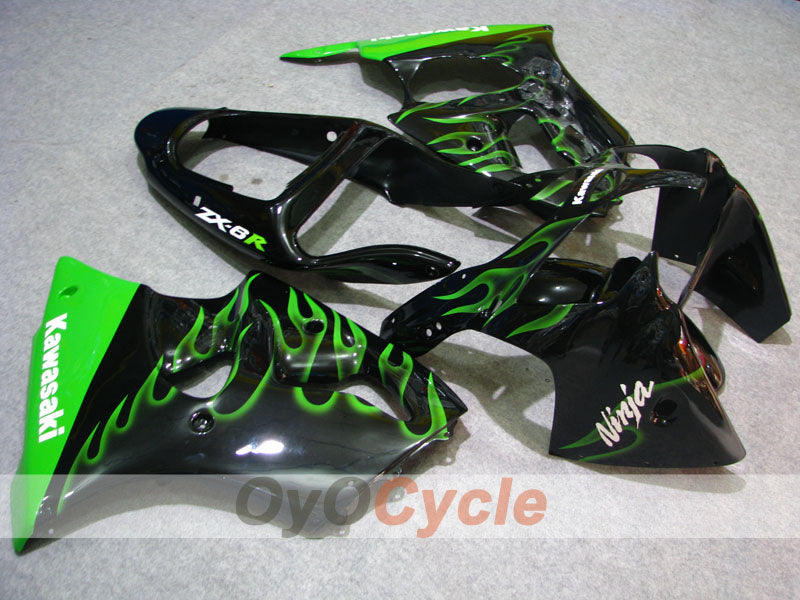 Injection Fairing kit for 00-02 NINJA ZX-6R - Green, Black - Flame #OYO87906025 Main image