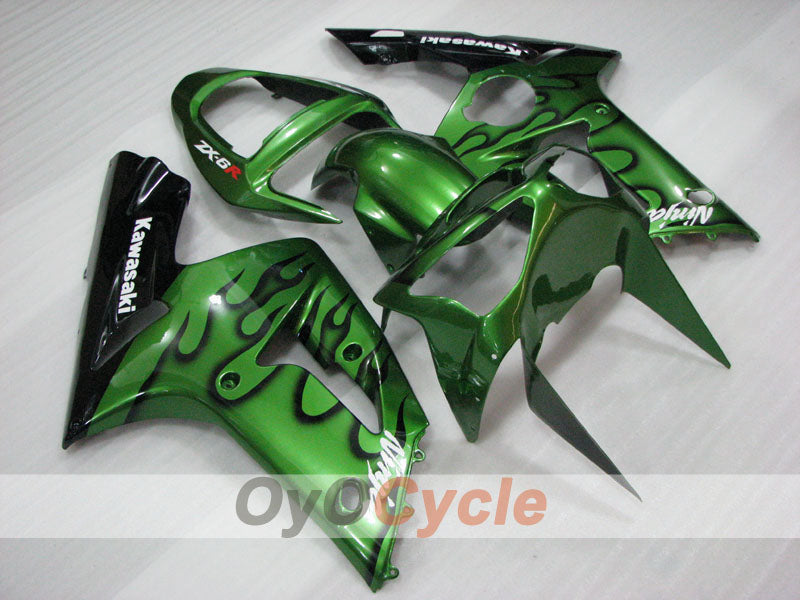 Injection Fairing kit for 03-04 NINJA ZX-6R - Green, Black - Flame #OYO87906038 Main image